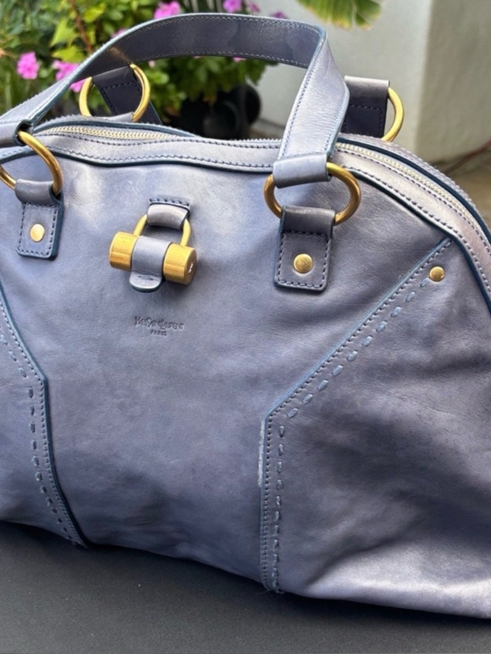 Longchamp Slate Blue Leather Bag with Gold Hardware